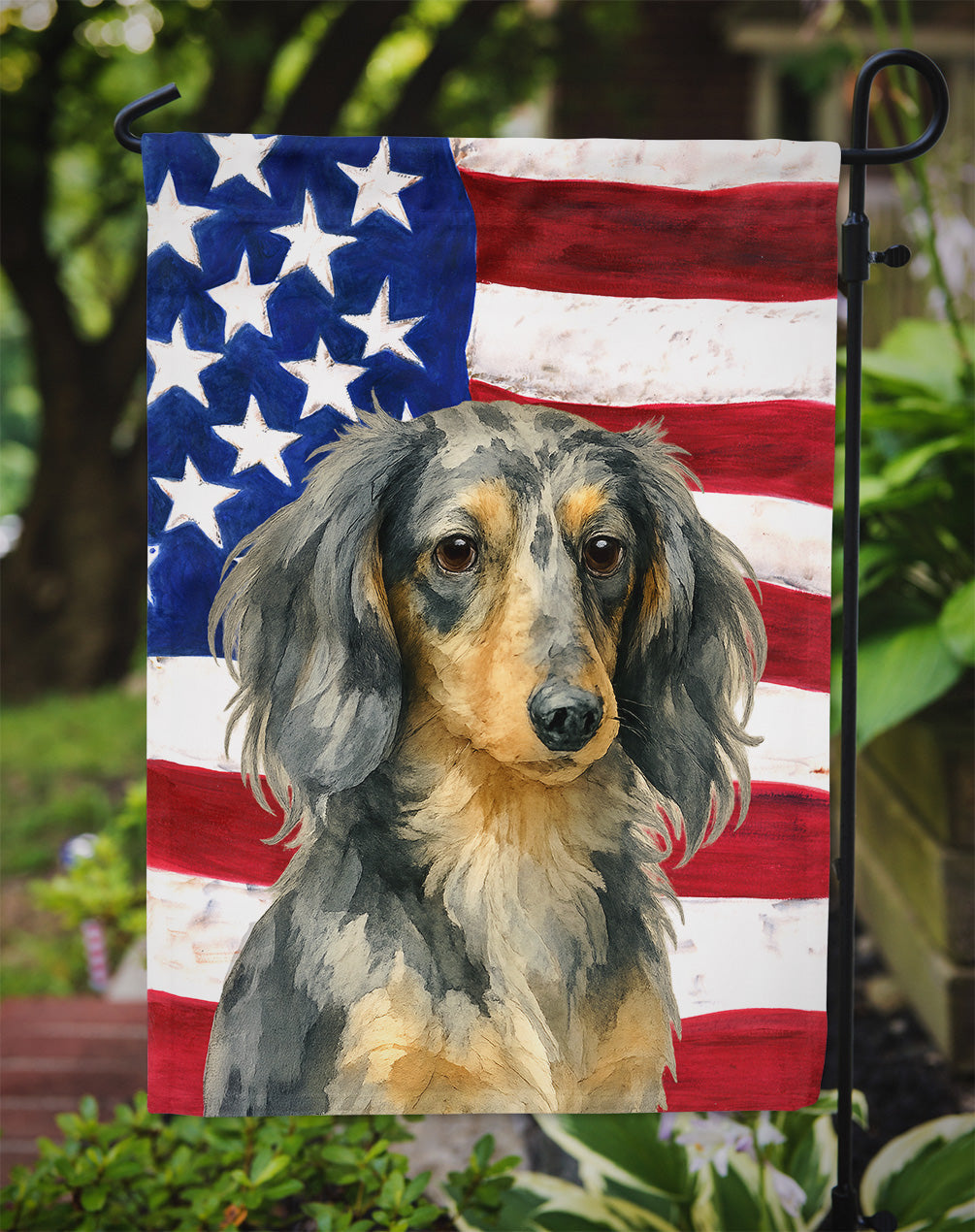 Longhaired Dapple Dachshund American Flag Garden Flag