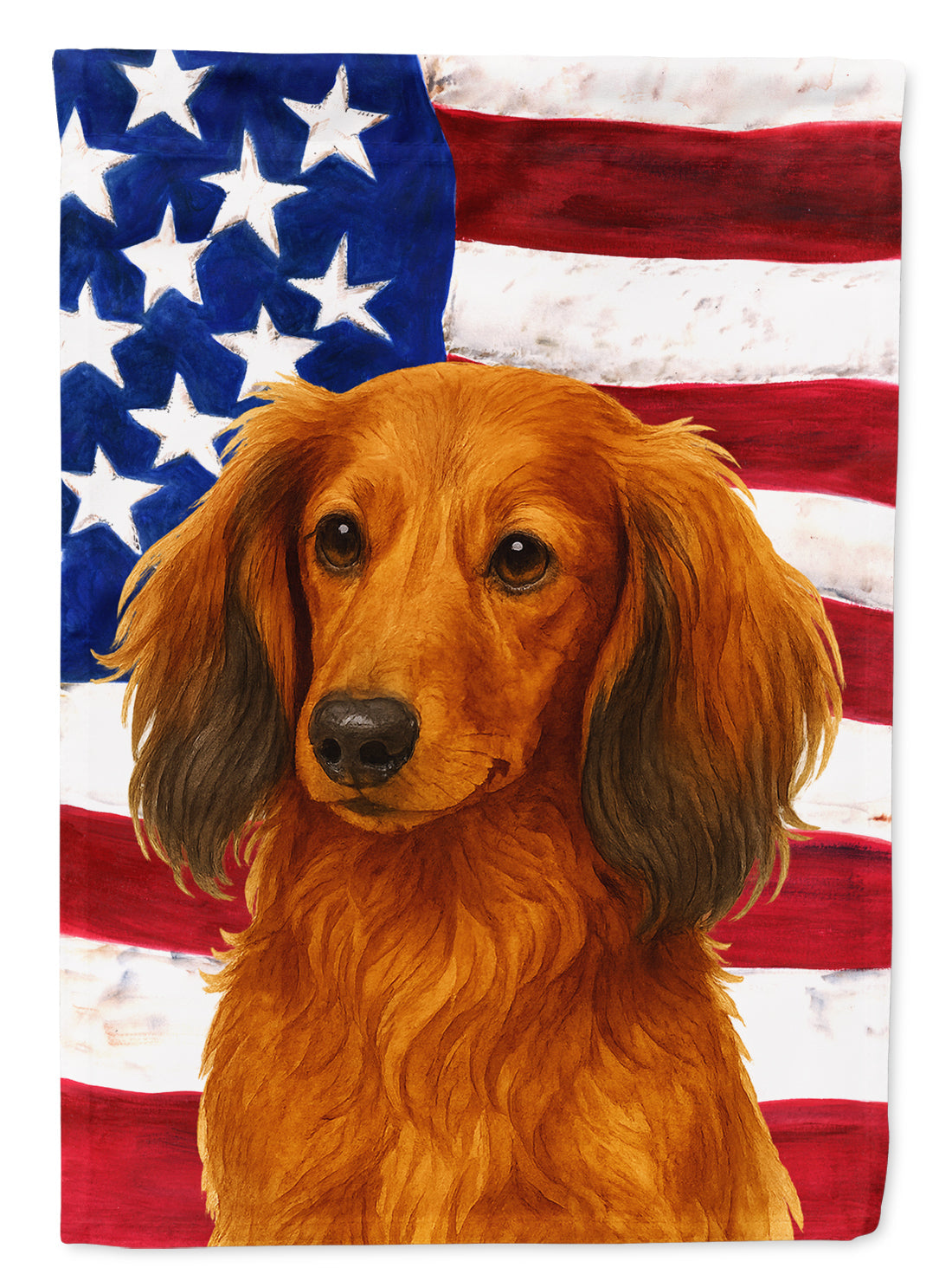 Longhaired Red Dachshund American Flag House Flag