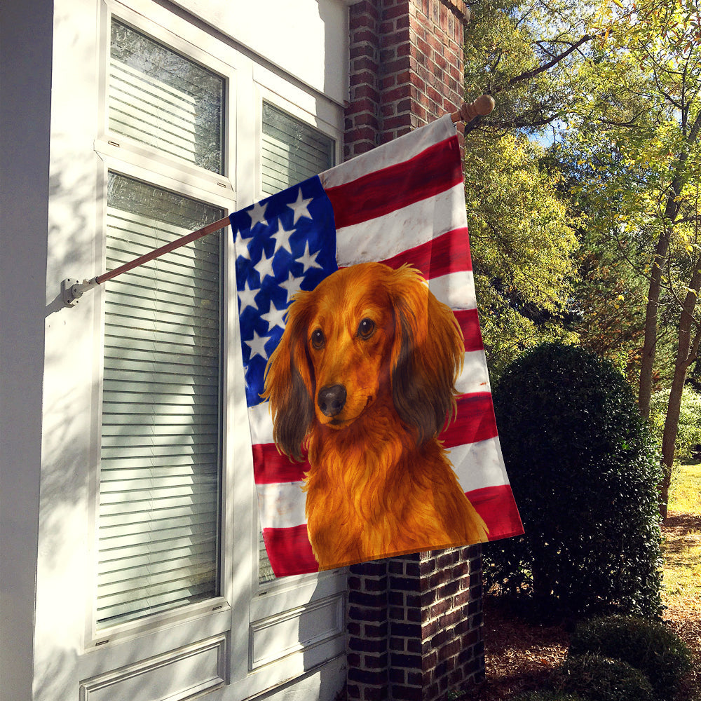 Longhaired Red Dachshund American Flag House Flag