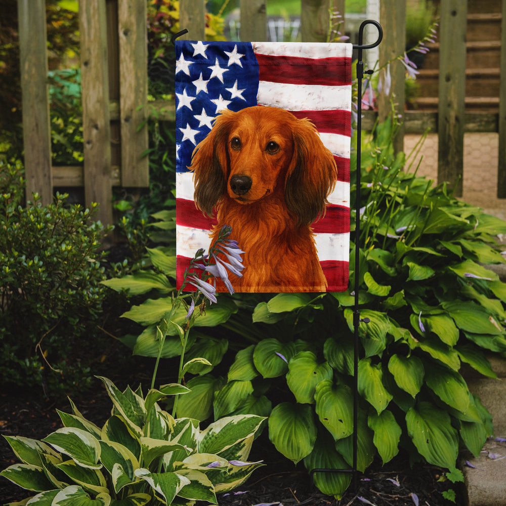 Longhaired Red Dachshund American Flag Garden Flag