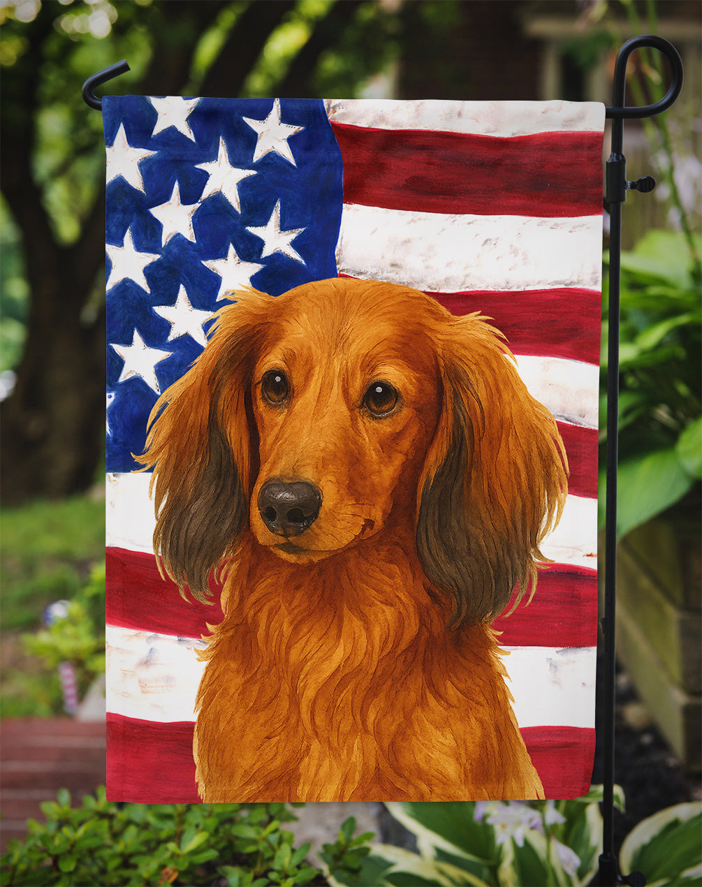 Longhaired Red Dachshund American Flag Garden Flag