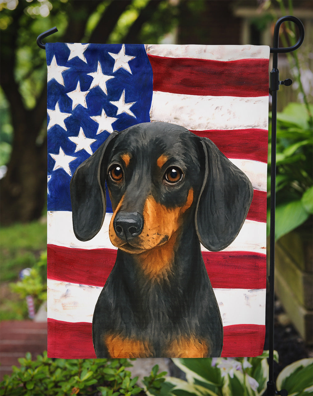 Black and Tan Dachshund American Flag Garden Flag