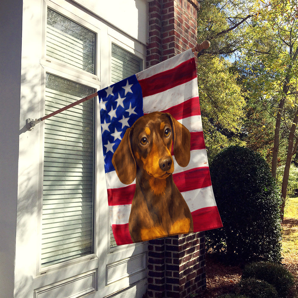 Chocolate and Tan Dachshund American Flag House Flag