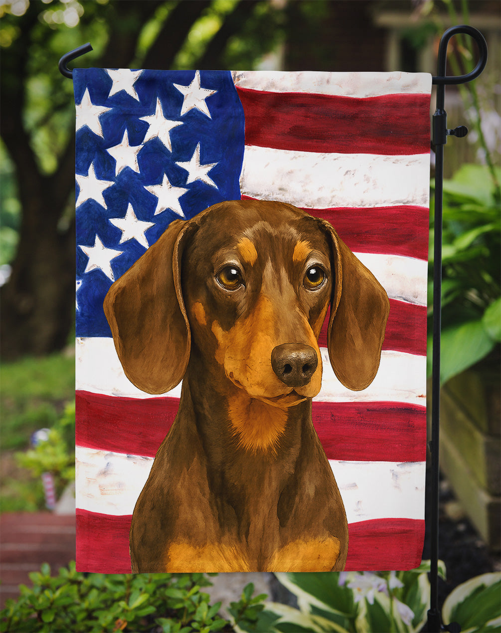 Chocolate and Tan Dachshund American Flag Garden Flag