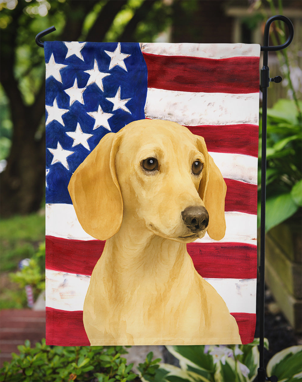 Cream Dachshund American Flag Garden Flag