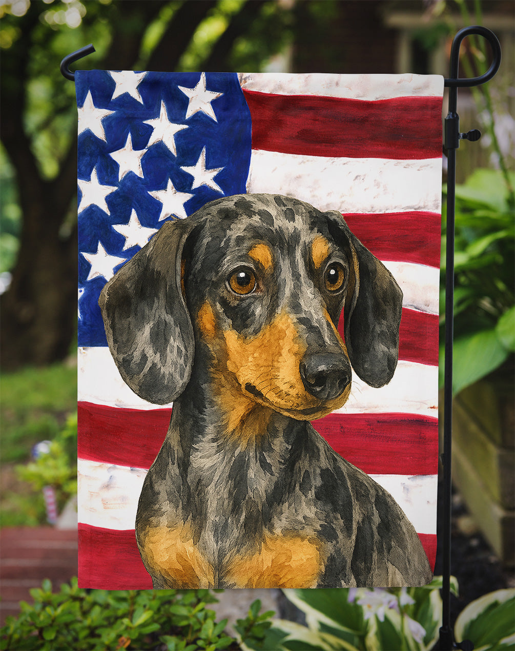 Dapple Dachshund American Flag Garden Flag