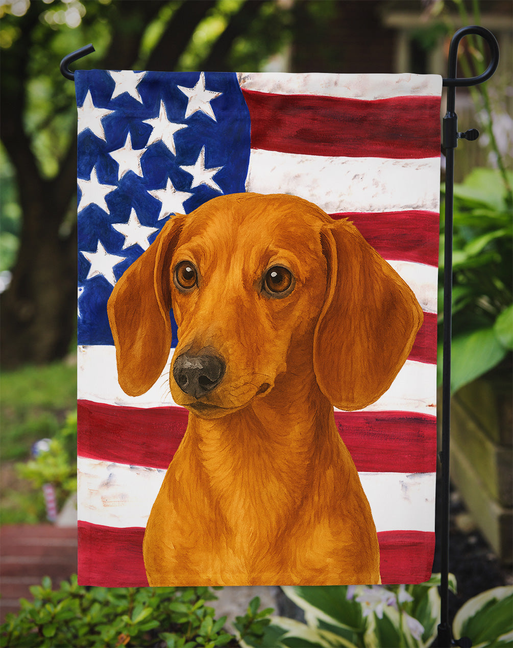 Red Dachshund American Flag Garden Flag