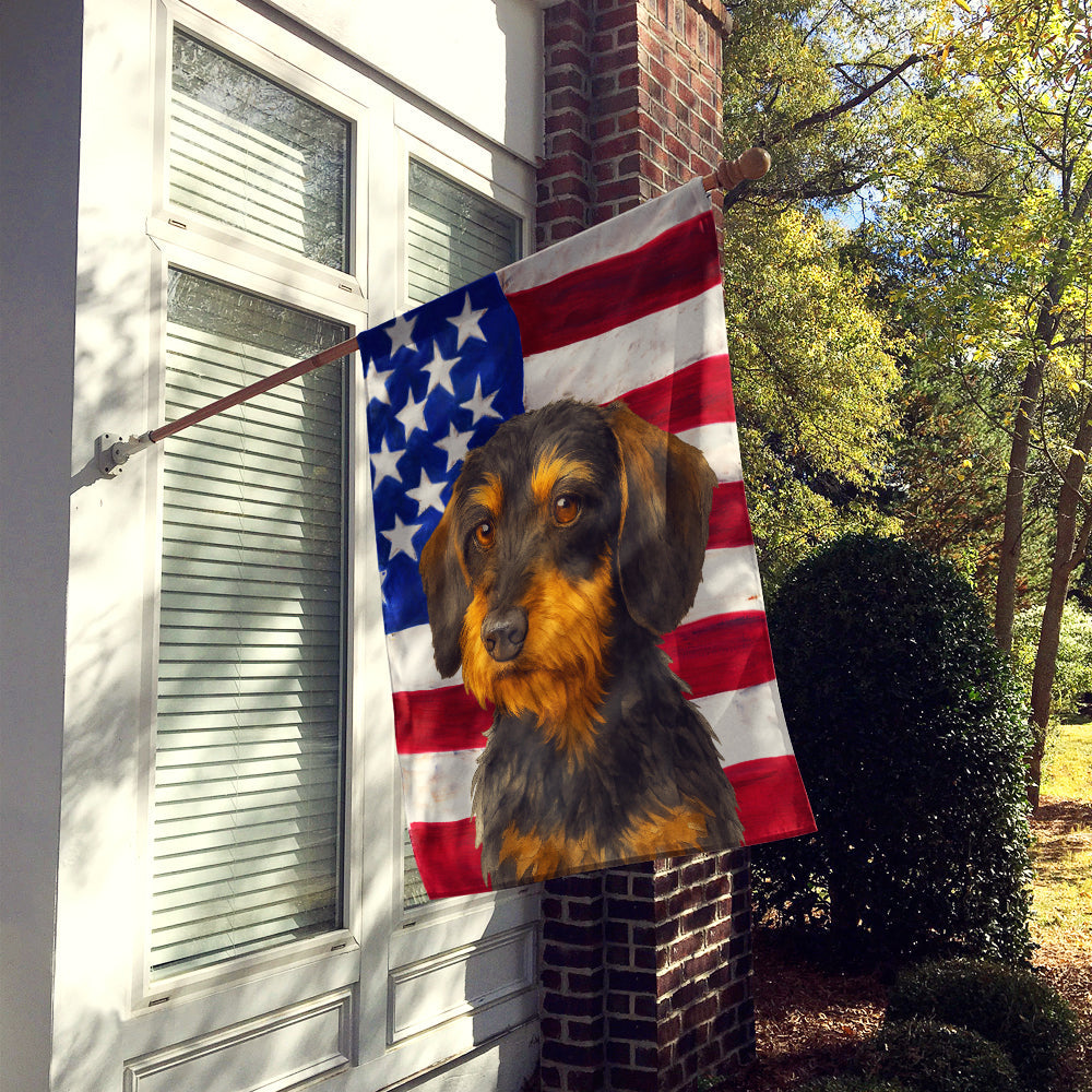 Wirehaired Black and Tan Dachshund American Flag House Flag