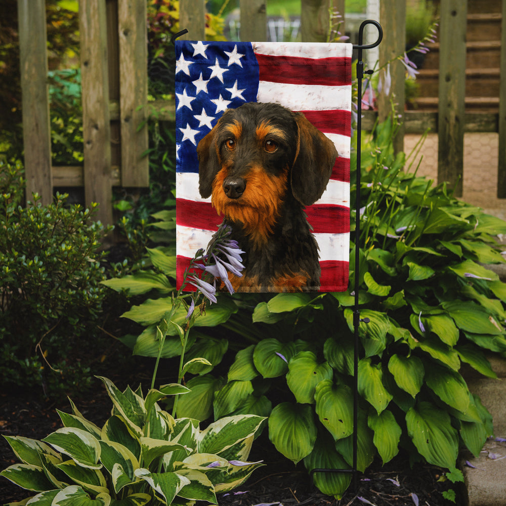 Wirehaired Black and Tan Dachshund American Flag Garden Flag