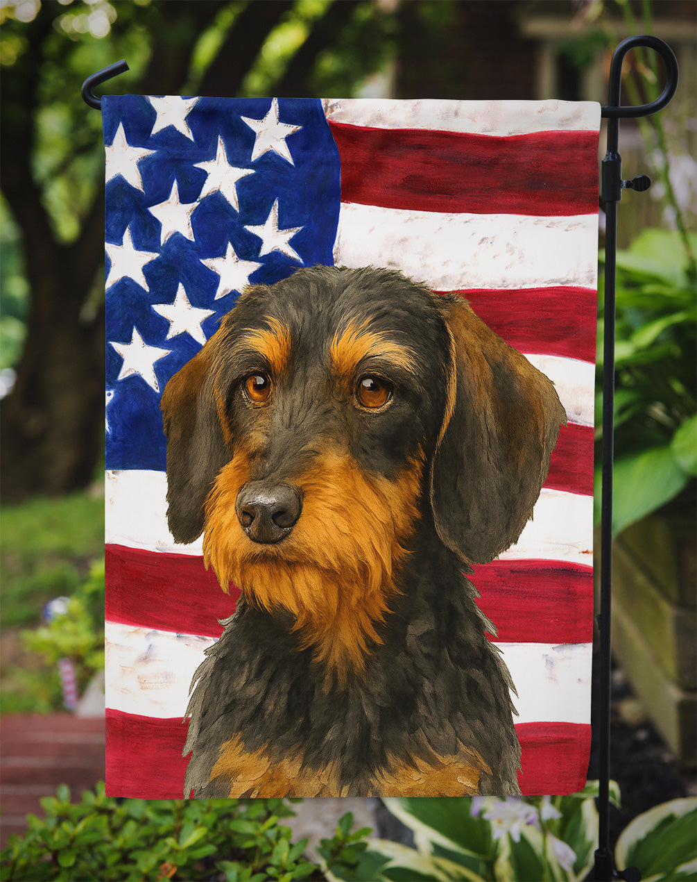 Wirehaired Black and Tan Dachshund American Flag Garden Flag