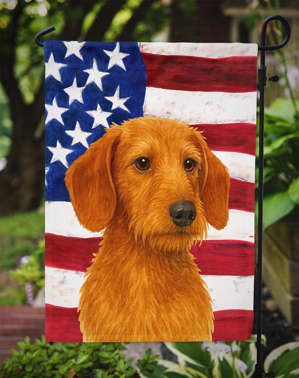 Wirehaired Red Dachshund American Flag Garden Flag