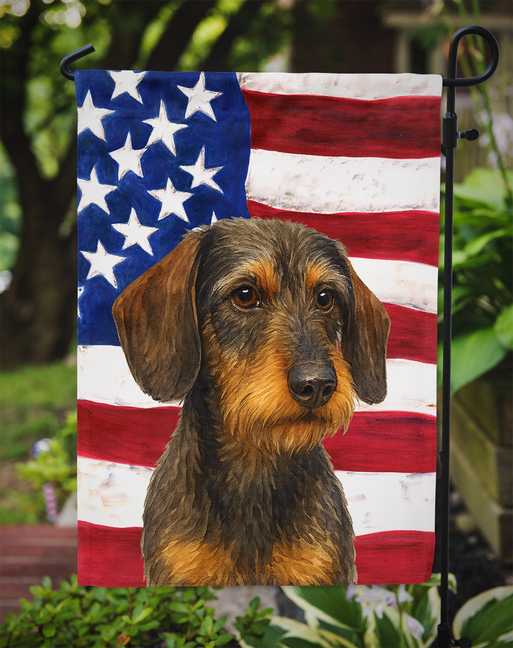 Wirehaired Wild Boar Dachshund American Flag Garden Flag