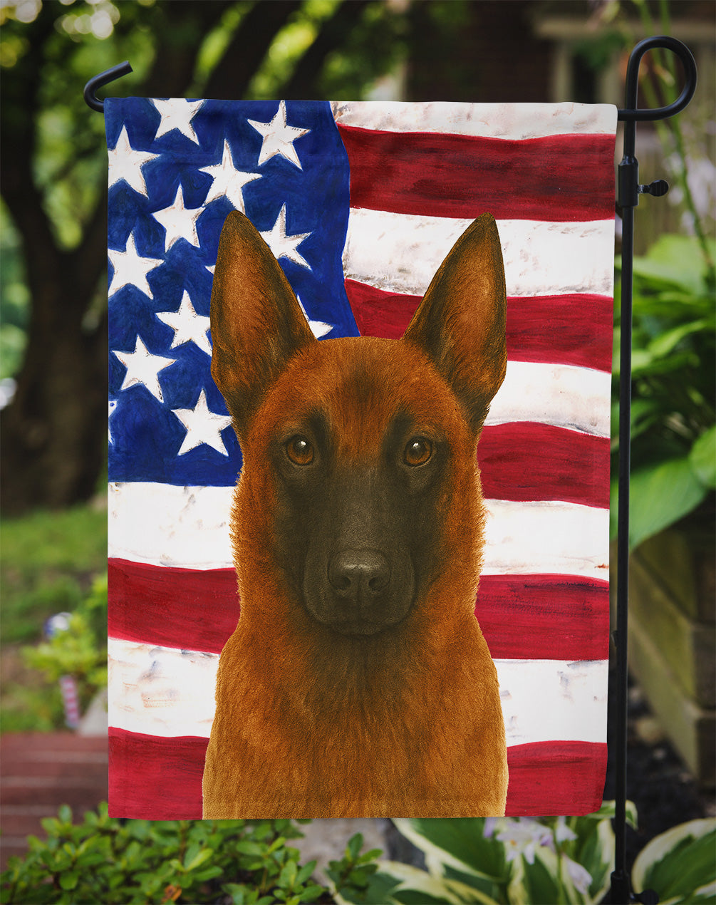 Mahogany Belgian Malinois American Flag Garden Flag
