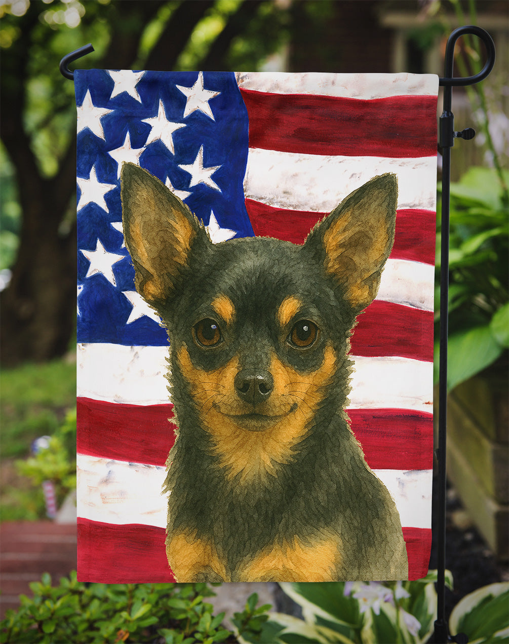 Black and Tan Chihuahua American Flag Garden Flag
