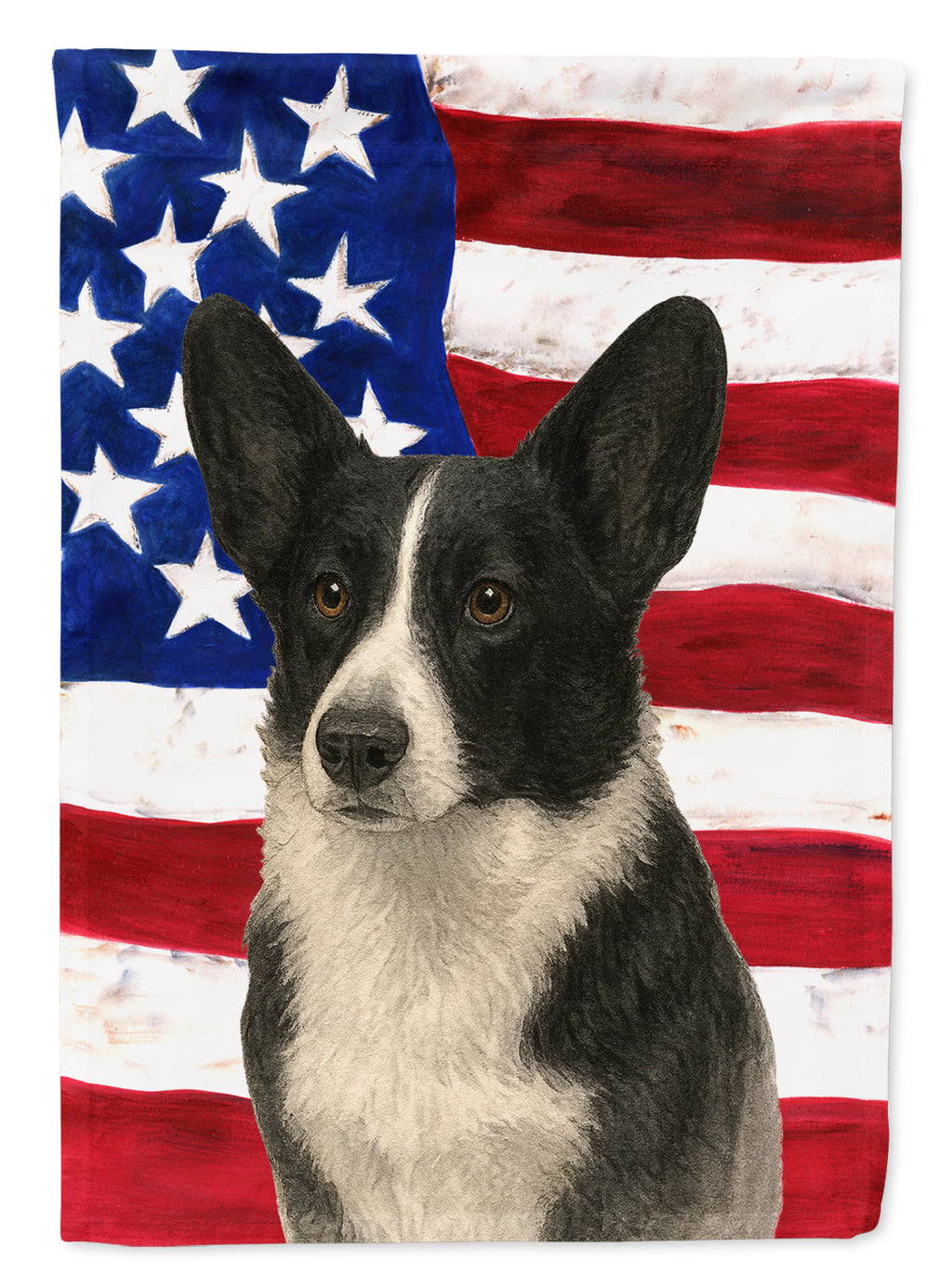 Black and White Cardigan Welsh Corgi American Flag Garden Flag