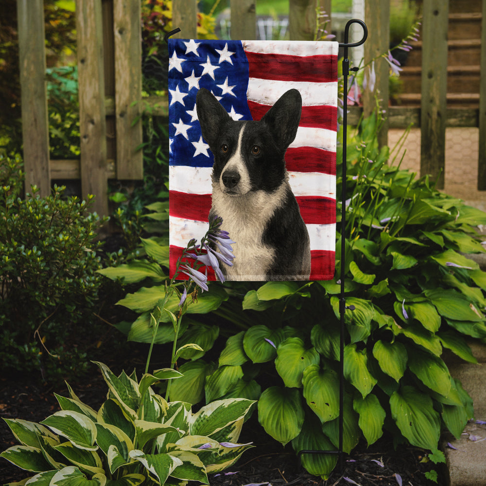 Black and White Cardigan Welsh Corgi American Flag Garden Flag