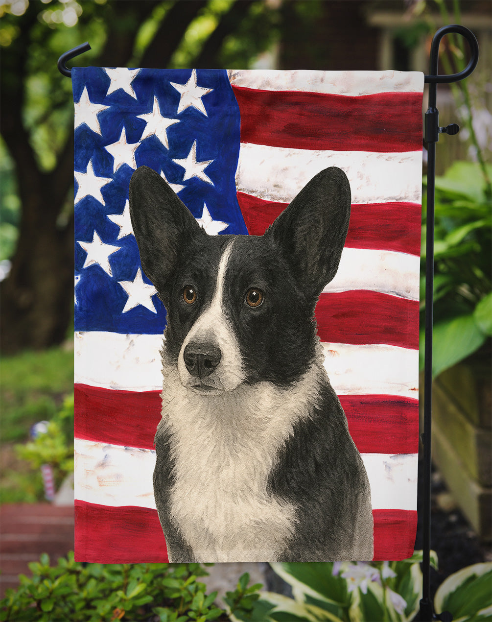 Black and White Cardigan Welsh Corgi American Flag Garden Flag