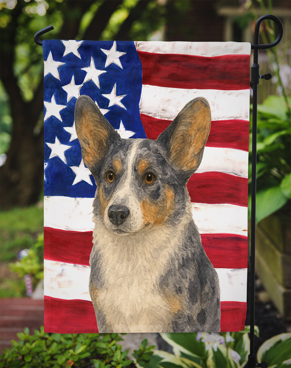 Blue Merle Cardigan Welsh Corgi American Flag Garden Flag