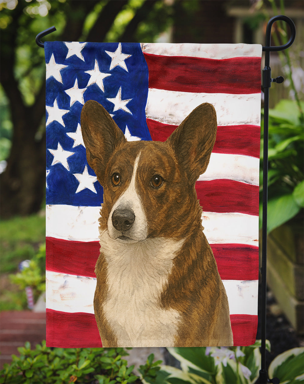 Brindle Cardigan Welsh Corgi American Flag Garden Flag