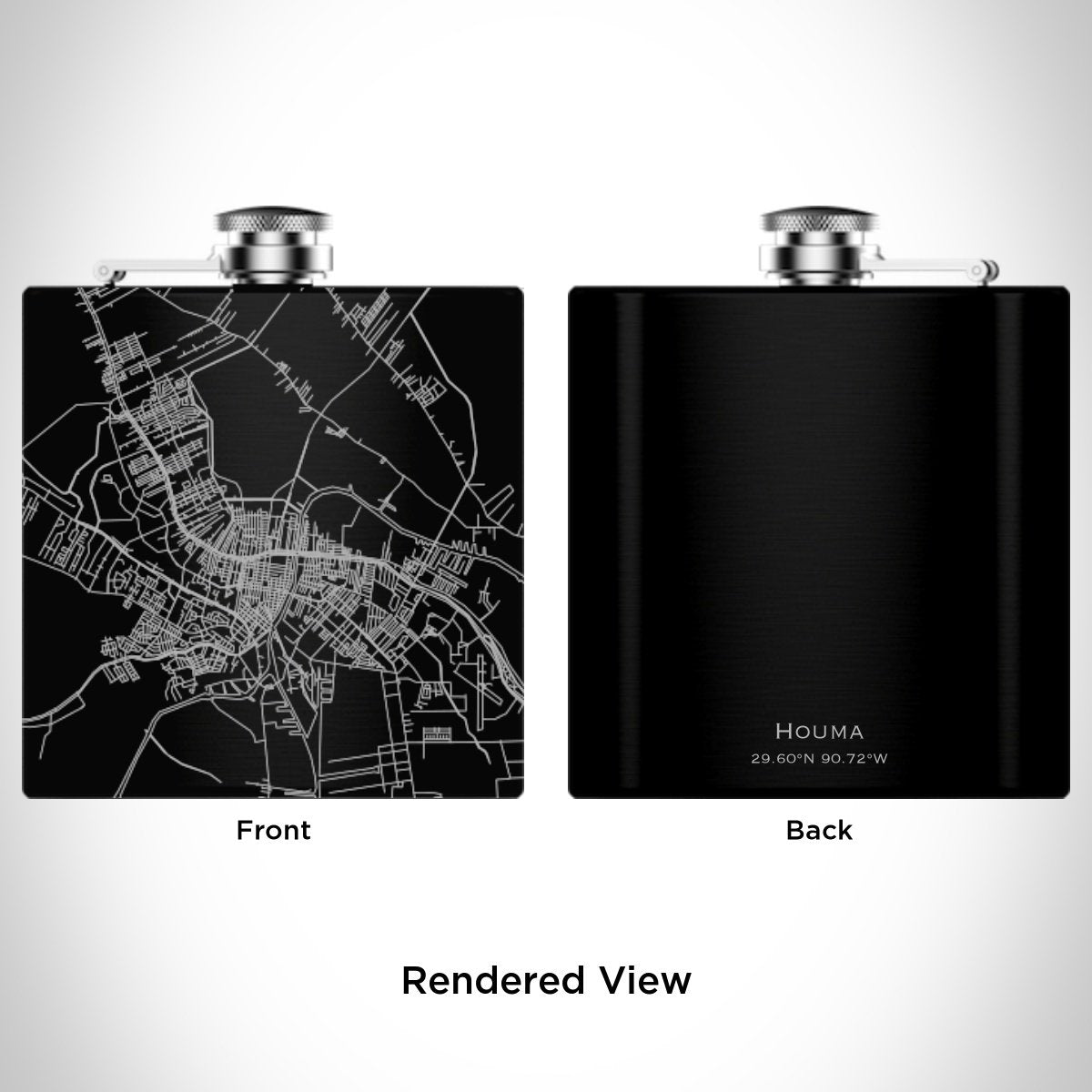 Houma - Louisiana Engraved Map Hip Flask in Matte Black