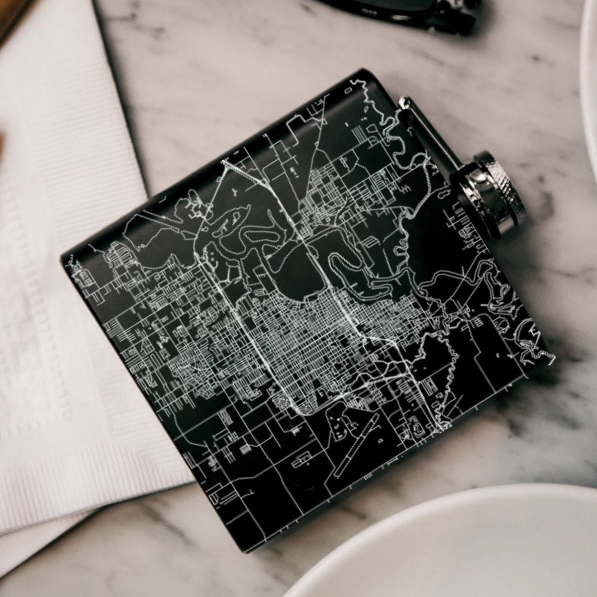 Lake Charles - Louisiana Map Hip Flask in Matte Black