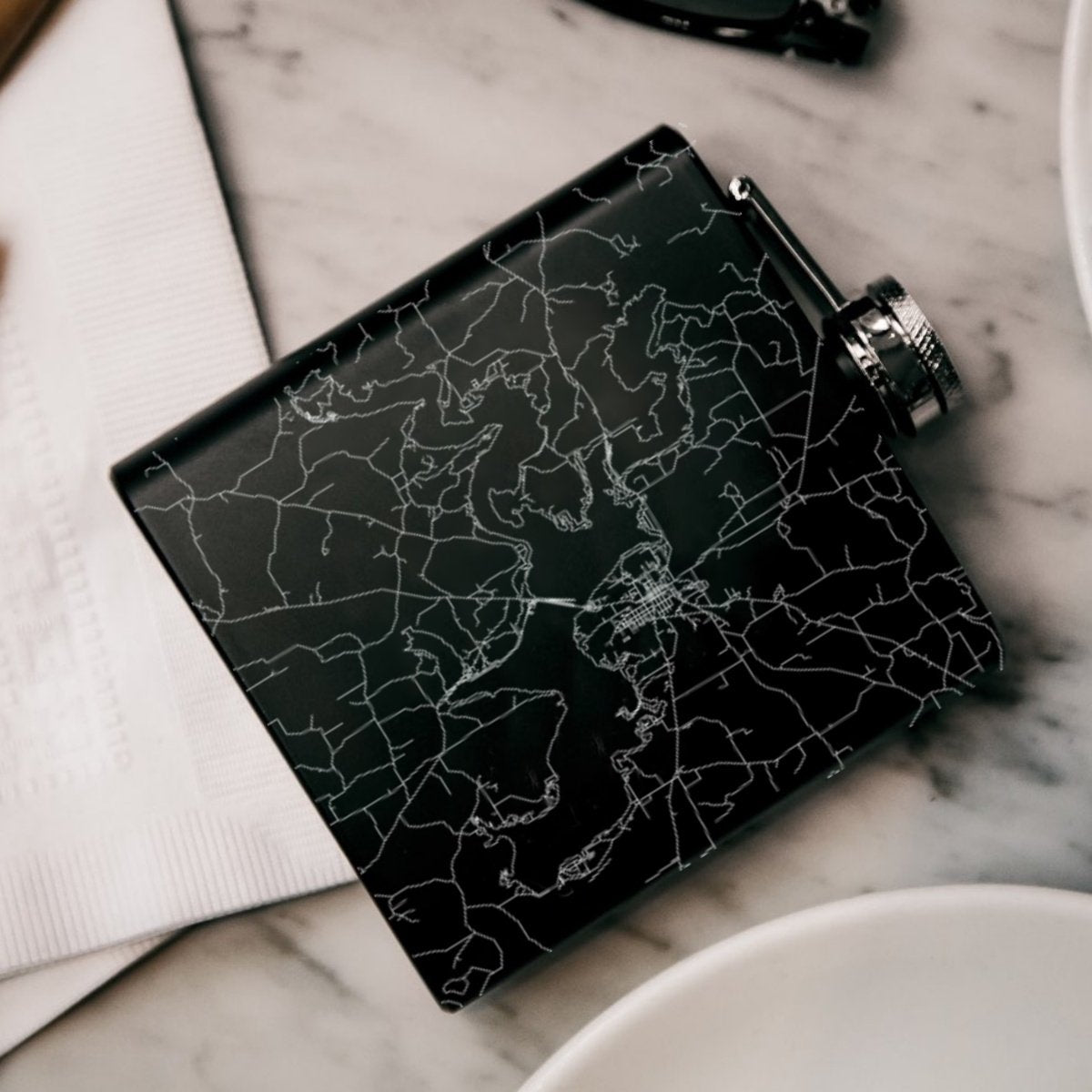 Lake D'Arbonne - Louisiana Engraved Map Hip Flask in Matte Black