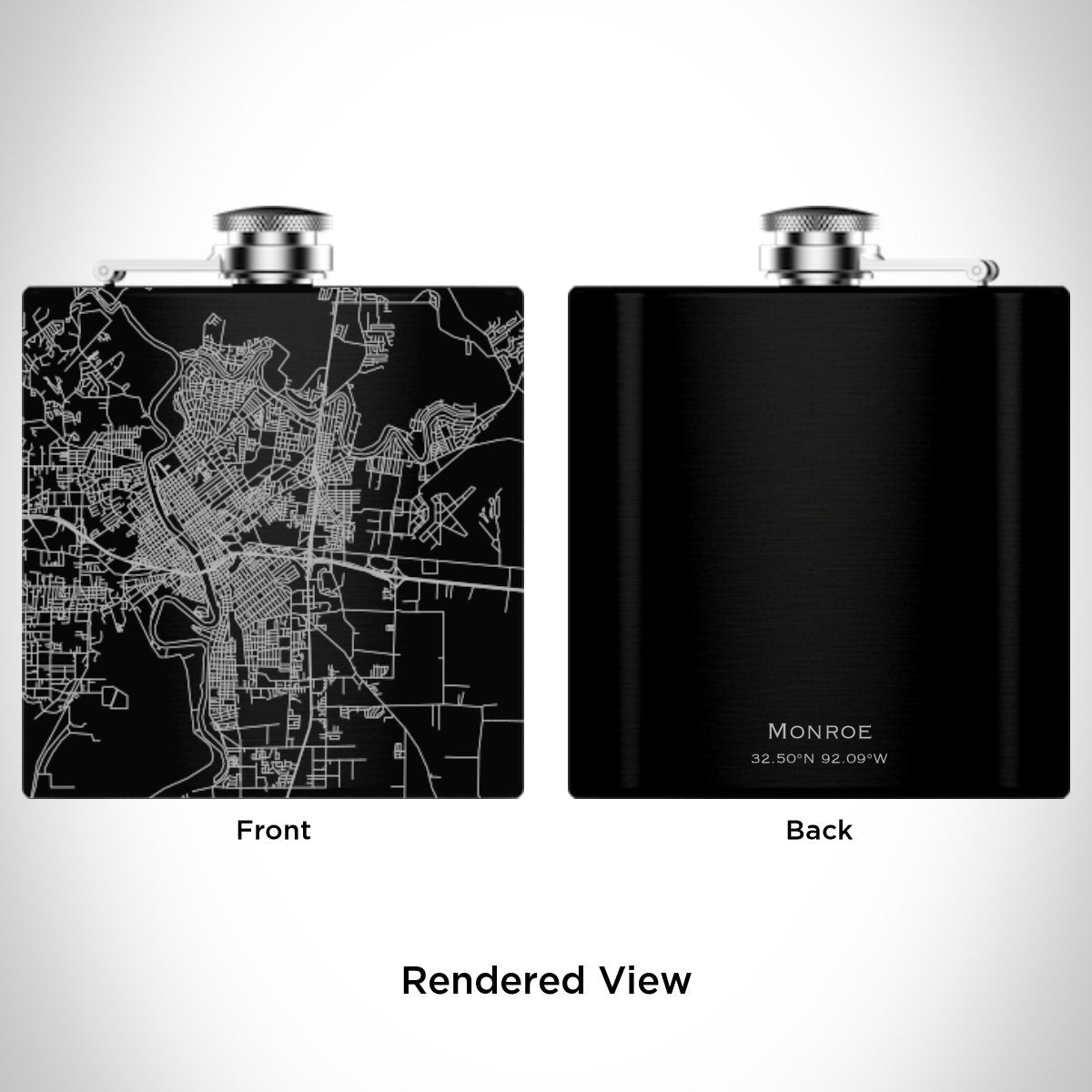 Monroe - Louisiana Engraved Map Hip Flask in Matte Black