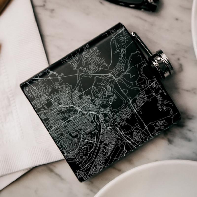 Shreveport - Louisiana Map Hip Flask in Matte Black