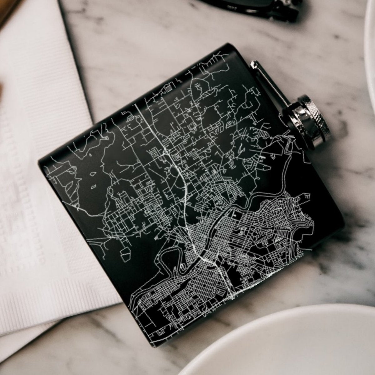 West Monroe - Louisiana Engraved Map Hip Flask in Matte Black